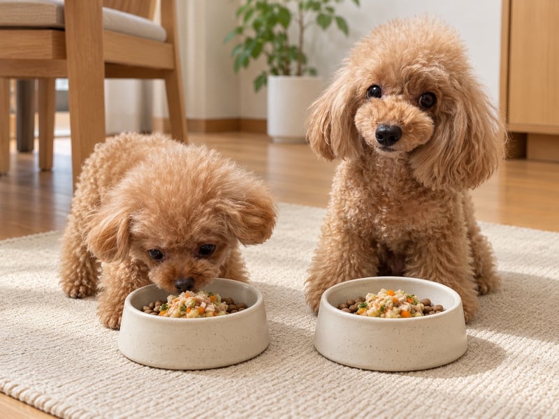 暖かな木の床で、器のそばで過ごす2匹の犬