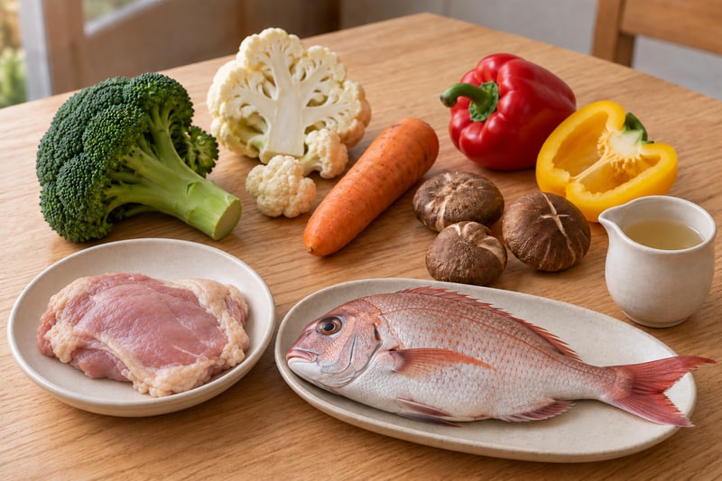 木のテーブルに並べた鶏もも肉1枚、丸ごとの真鯛と出汁、人参、パプリカ、ブロッコリー、カリフラワー、椎茸
