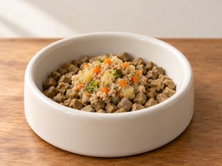 A small portion of handmade food at the centre of the usual dry food